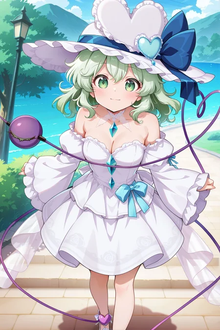 absurdres, highres, masterpiece, best quality, amazing quality, official anime artwork, screencap, anime screencap, outdoors, looking at viewer, light smile, dynamic pose, standing,
<lora:Komeiji-Koishi_IllustriousV2:1> komeiji koishi, 1girl, solo, green eyes, green hair, medium hair, third eye, heart of string,, komeiji koishi \(white darkness of the earth's core\), alternate costume, white hat, frilled hat, hat ribbon, blue ribbon, heart hat ornament, cleavage, wedding dress, white dress, off-shoulder dress, frilled dress, diamond button, chain, wide sleeves, white footwear, white shoes,