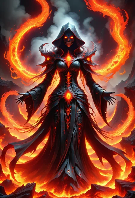 hyper detailed masterpiece, dynamic, awesome quality, a female necromancer conjuring lava radiation DonMM4g1cXL magic,  <lora:DonMM4g1cXL-000008:0.8>