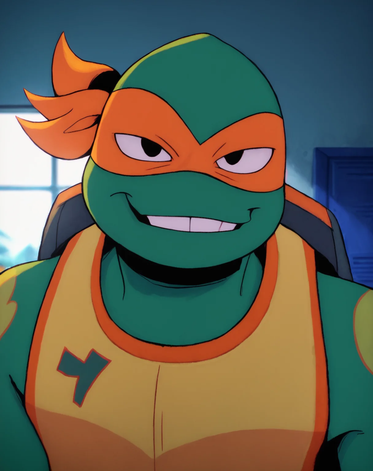 score_9, score_8_up, score_7_up, smooth lines, countershading, soft shading, 2d, extreme detail, 4K, high definition, high resolution, <lora:rottmnt8:0.8>, 1boy, solo, Mikey, green skin, turtle, mask, sportswear, curious, smirk, looking at viewer, upper body, indoors,
