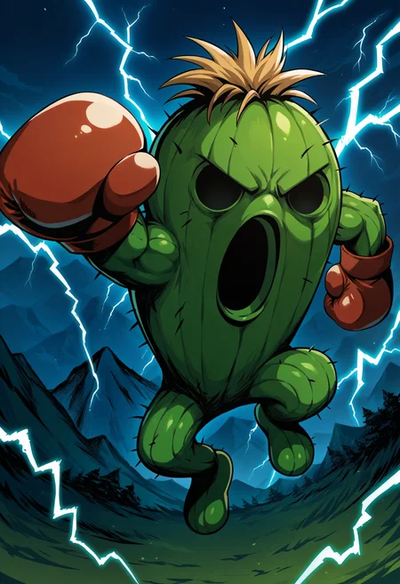 score_9, score_8_up, score_7_up, source_anime, jumping, angry, arm up, <lora:TogemonDG-pdxl:1> tgDG, creature, no humans, green skin, black eyes, solid circle eyes, blonde hair, open mouth, boxing gloves, red gloves, lightning, night, mountain