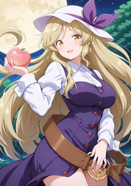 absurdres, highres, masterpiece, best quality, amazing quality, official anime artwork, screencap, anime screencap, outdoors, looking at viewer, light smile, dynamic pose,
<lora:Watatsuki-no-Toyihime_Illustrious:1> watatsuki no toyohime, 1girl, solo, yellow eyes, blonde hair, long hair, large breasts,, white hat, hat riibon, purple ribbon, white shirt, long sleeves, pinafore dress, purple dress, single strap, long dress, buttons, brown belt, loose belt, holding peach, open mouth, night, starry sky, light particles,