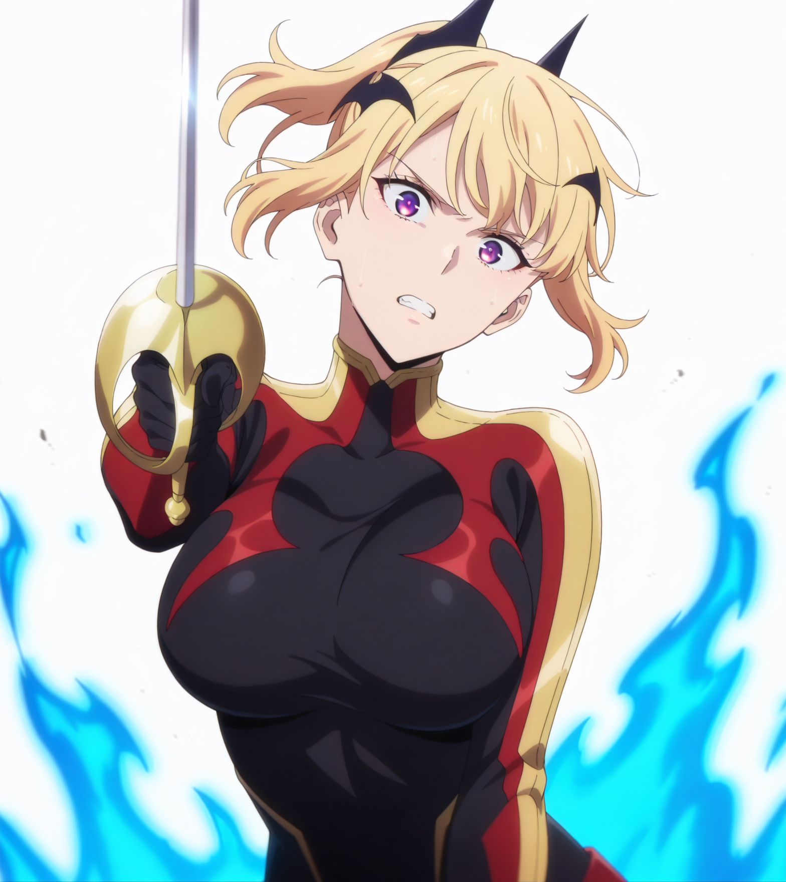 masterpiece,best quality,anime coloring,anime screenshot,
(simple background, white background), head tilt, anime screencap,anime coloring, (masterpiece, best quality:1.2), <lora:Hae-In_C2:0.8>, haein2, 1girl, solo, blonde hair, purple eyes, short hair, bodysuit, open mouth, looking at viewer, hair ornament, breasts, bat hair ornament, black bodysuit,large breasts, rapier, clenched teeth, fighting stance, blue aura, <lora:add-detail-xl:1>
solo leveling,  official art,