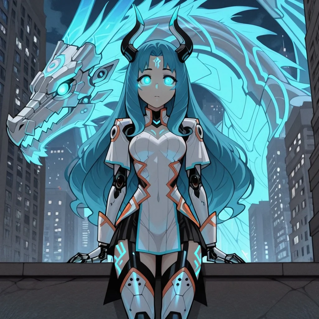 (dragon), highly detailed, robot, horns, metallic skin, Jessica main clothing (outfit), long sleeves, dress, thighhighs,
white bio - mechanical details, bionic cyborg implants, solo, detailed background, solo, glowing eyes, city,(glowing orange blue tribal markings), claws, dragon, patientzassorteddoujinstyleblendil