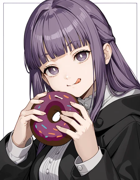 <lora:Frern:1>f3rn, purple hair, 1girl, looking at viewer, doughnut, tongue out, holding food, long hair, :q, closed mouth, bright pupils, long sleeves, black coat, white background, white pupils, eating, simple background, upper body, fingernails, licking lips, food on face, hands up, border, dress, smile