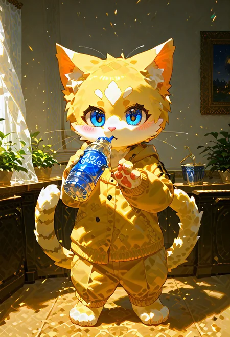 levelonerubili, furry, cute, solo, score_9, score_8_up, score_7_up, looking at viewer, male focus, zPDXL3, furry male, cat, detailed eyes, blushing, Expressiveh, drinking, holding bottle, full body