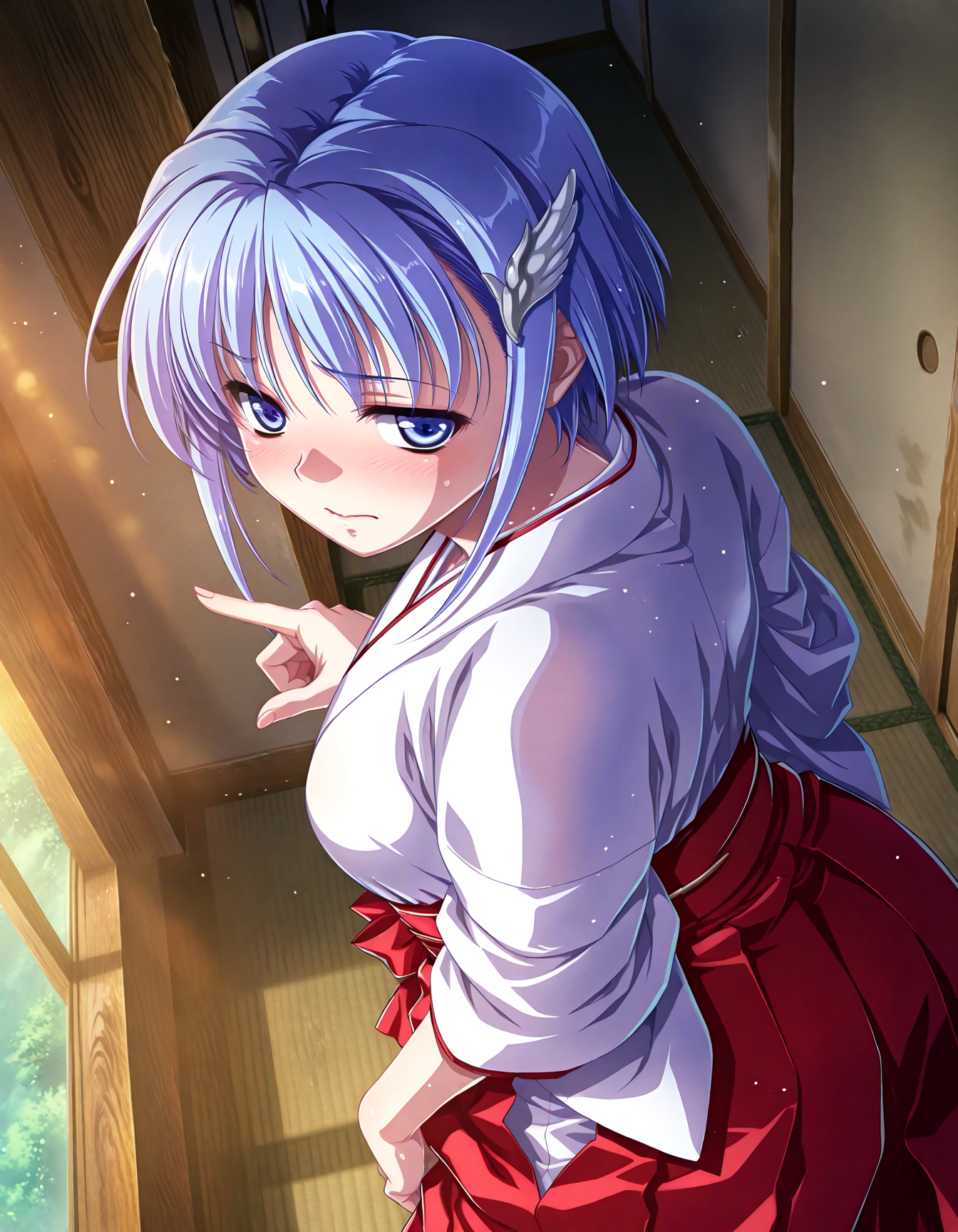 (1girl, solo:1.3), (2girls, 3girls, 4girls, multiple girls, 2boys, 3boys, 4boys, multiple boys:-1.5) <lora:Kajio_Honoka_Denshanai_de_Now_Illustrious:0.9>, kajio_honoka, medium breasts, blue eyes, blue hair, short hair, bangs, sidelocks, hair ornament, miko, japanese clothes, red hakama, embarrassed, (half-closed eyes:0.7), general, contrapposto, dynamic pose, pointing at viewer, portrait, from behind, from above, dutch angle, indoors, <lora:NOOB_EPSv1_1_detailer_by_vlnvk_v1_0:1.5>, (photo background:0.7), day, (tachibana yuu:0.6), inue shinsuke, (kazuma muramasa:0.0), saikawa yusa, (aoi manabu:0.6), abarerumidori, (suzui narumi:0.6), masterpiece, newest, absurdres, 8K, anime screenshot, anime coloring, flat color, official art, film grain, <lora:illustriousXLv01_stabilizer_v1.185c:0.7>, <lora:LECO_Solo:-4.0>,