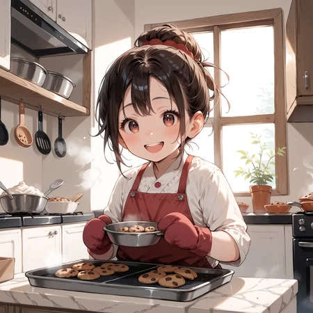 score_9, score_8_up, score_7_up, source_anime, 1girl,(ultra HD quality details), anime, in the kitchen, pulling a baking tray with steaming cookies out of the oven, baking tray with cookies, wearing huge oven mittens, hungry, sparking eyes, happy (detailed image, high resolution, 5k resolution:1.0)