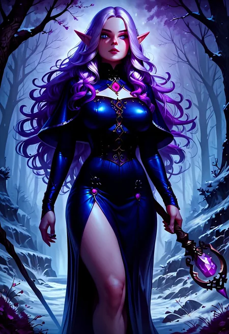 score_9, score_8_up, score_8. score_9, score_8_up, score_7_up, masterpiece, amazing quality, best quality,ultra-detailed,8K,illustration,CG,shiny long pale purple hair, clear skin, ultra-detailed-eyes, heterochromia, heterochromatic red and purple eyes, pale skin, elf ears, gothic girl, Expressive, Dark Beauty, magical research, walking down a hidden path, long hair, half up half down hairstyle, long hair, intricate hairstyle, hair jewelry ornamentation, silver, garnet, amethyst, medieval leather adventuring outfit, teal robes,  robe, healer, magic staff, voluptuous, busty, curvy, thick thighs, outdoors, exploring, winter forest view, nighttime, oil painting, d3t41l3d, gorgeous details, cinematic, concept art, realistic, eyesHD, high gradient eyes, detailed eyes, high definition eyes,