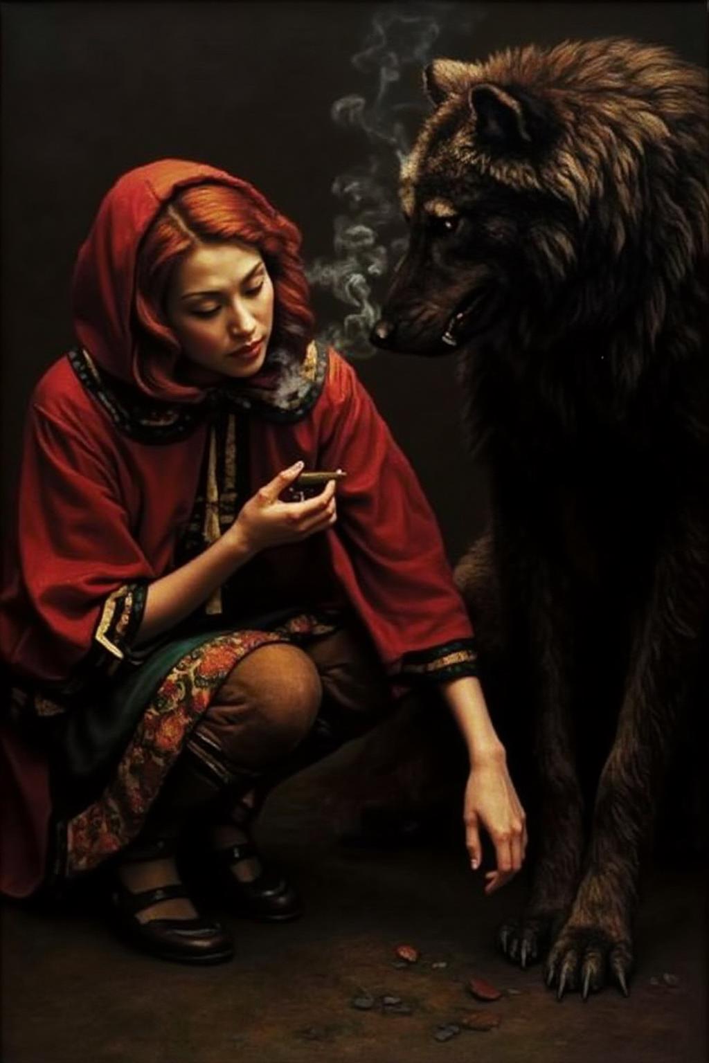 chenyifei1 painting. A woman with red wavy hair, dressed as Little Red Ridding Hood, squatting on the ground and smoking with the Big Bad Wolf.  <lora:chenyifei1_cap_d6a3:1.0><lora:839190670951484176:0>