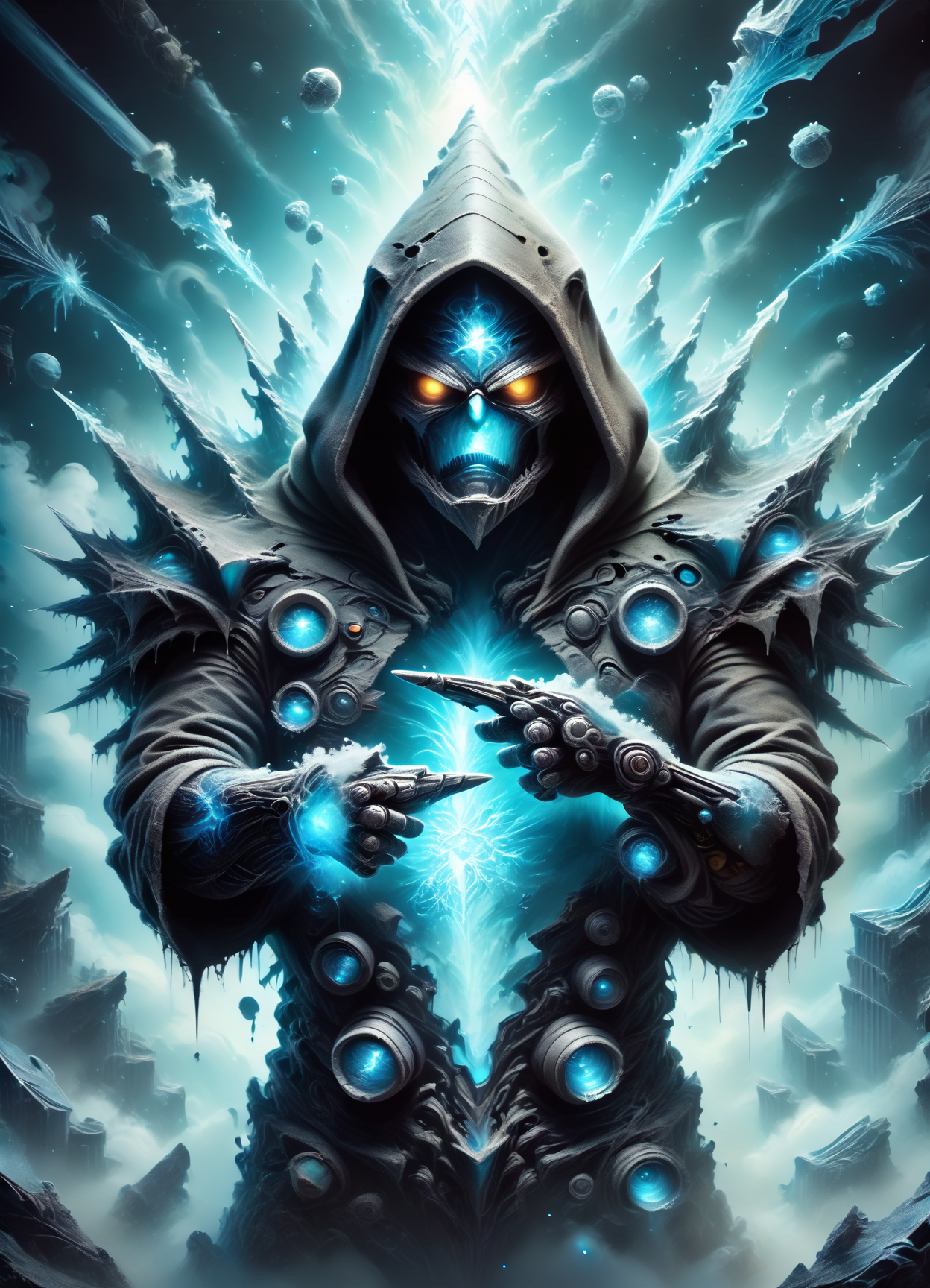 DonMGl00my1c3XL,score_9, score_8_up, score_7_up, score_6_up,black ice, male space mage, ai entities, self-aware artificial intelligence with high-level cognitive abilities, ageless slinky, greek, amber eyes,   double chin, narrow jaw,   triangle face shape,   , caramel pompadour hair, puzzlement, solar-powered radiance, character basks in sunlight with arms outstretched, absorbing solar energy through integrated panels,  wearing  nanofiber-woven trekking pants,  nano-weave hooded jacket,  graphene head wrap, , arcane focus, pointing at a specific target for concentrated magic, virtual reality rave nexus,  fiber cement siding,soapstone stone,concrete tiles roof,magnetic levitation structural support, gas lanterns, neon lights, cyber-noir, rating_safe <lora:DonMGl00my1c3XL-pony:0.9>