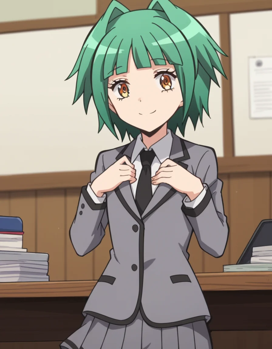 score_9, score_8_up, score_7_up, source_anime, <lora:kaede-kayano-s1s2-ponyxl-lora-nochekaiser:1>, kaede kayano, short hair, bangs, brown eyes, yellow eyes, green hair, hair intakes, anime screencap,, blazer, grey blazer, school uniform, pleated skirt, necktie, grey skirt, black necktie, white shirt, collared shirt, long sleeves,, office, desks, chairs, computers, paperwork, smile, hands on own chest,, looking at viewer, solo,, dutch angle, cowboy shot