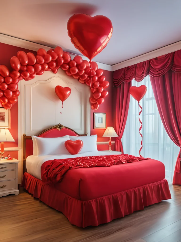 <lora:JJsLoveHotel_XL:1> ((Love Hotel)), indoors, masterpiece , best quality, soft lighting, high quality, enough detail, high resolution, super realistic, Photorealistic, highly detailed, , window, bed, heart, baloon,fantasy,