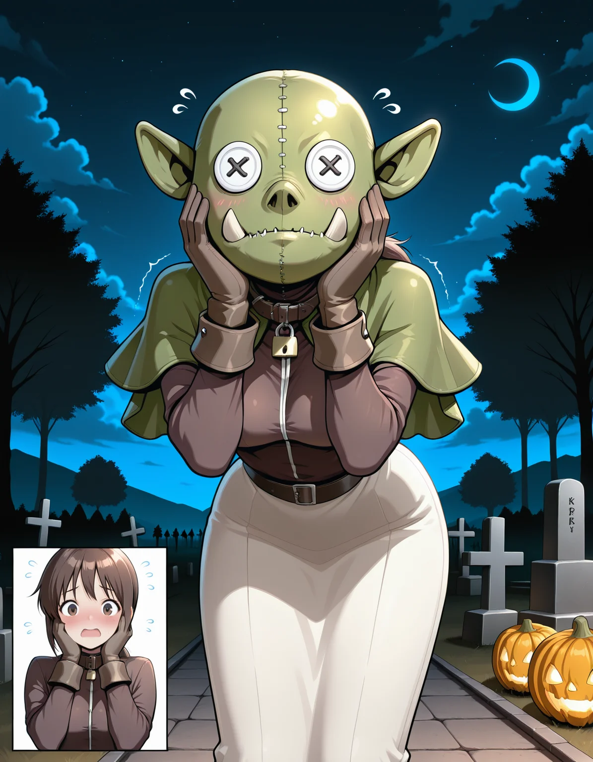 1girl,solo,
(inset:1.2),black background, comic, no mask,
blush, embarrassed,
orcish, mask, button eyes, cosplay,covered face,padlock,animal collar,covered neck,green capelet,skinny,orc, stitched, [green bag over head::0.1], 
outdoors,night,Halloween,graveyard,starry sky, crescent moon, bat \(animal\), tree, cloudy sky,
flying sweatdrops,hands on own face,trembling,
standing, bent over, leaning forward,  ,?,??,confused,
masterpiece,best quality,amazing quality,very aesthetic,absurdres,newest,
<lora:reduce_wrinkles_illstriouosv0.1_ADDifT_2_in_1_v1.2:0.8>,
<lora:99coins_reverse_orcish_IL_v14_09:1.0> ,
 <lora:acoRoIllustriousV1.0-000006:0.8> acoRO, brown shirt, brown gloves, brown cuff, long sleeves, long skirt, [white skirt:cream skirt:0.1], pencil skirt, low ponytail, brown hair, brown eye,medium breasts, bangs,sidelock,  open mouth,