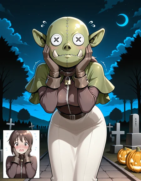 1girl,solo,
(inset:1.2),black background, comic, no mask,
blush, embarrassed,
orcish, mask, button eyes, cosplay,covered face,padlock,animal collar,covered neck,green capelet,skinny,orc, stitched, [green bag over head::0.1], 
outdoors,night,Halloween,graveyard,starry sky, crescent moon, bat \(animal\), tree, cloudy sky,
flying sweatdrops,hands on own face,trembling,
standing, bent over, leaning forward,  ,?,??,confused,
masterpiece,best quality,amazing quality,very aesthetic,absurdres,newest,
<lora:reduce_wrinkles_illstriouosv0.1_ADDifT_2_in_1_v1.2:0.8>,
<lora:99coins_reverse_orcish_IL_v14_09:1.0> ,
 <lora:acoRoIllustriousV1.0-000006:0.8> acoRO, brown shirt, brown gloves, brown cuff, long sleeves, long skirt, [white skirt:cream skirt:0.1], pencil skirt, low ponytail, brown hair, brown eye,medium breasts, bangs,sidelock,  open mouth,