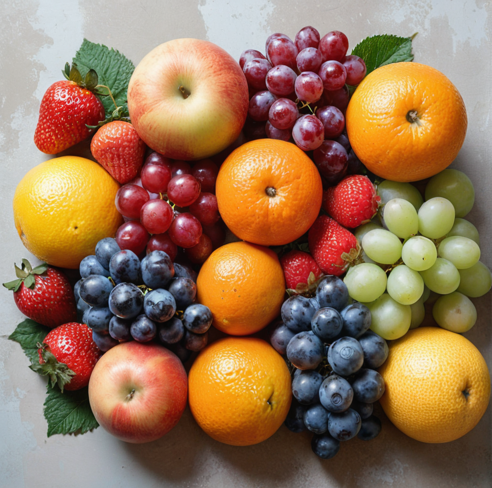fruit photography,the image shows a pile of various fruits,including grapes,apples,oranges,and strawberries,sitting on top of a table. the fruits are arranged in a neat pile,with some of them overlapping each other. the colors of the fruits range from bright reds and oranges to deep purples and blues,and the leaves are a vibrant green. the table is a light wood color and the background is a neutral color.,<lora:æ°´æ-000005:0.6>,