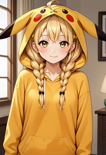 score_9, score_8_up, score_7_up, source_anime, 
detailed eyes, eye reflection,
fujita kotone, blonde hair, braid, twin braids, yellow eyes, twintails, low twintails, ahoge,
hair bow, black bow,
<lora:pikachu-cosplay-ponyxl-lora-nochekaiser:1>, pikachucosplay, pikachu \(pikachu\), character print, hood, hoodie, yellow hoodie,
indoors,
1girl, blush, smile,