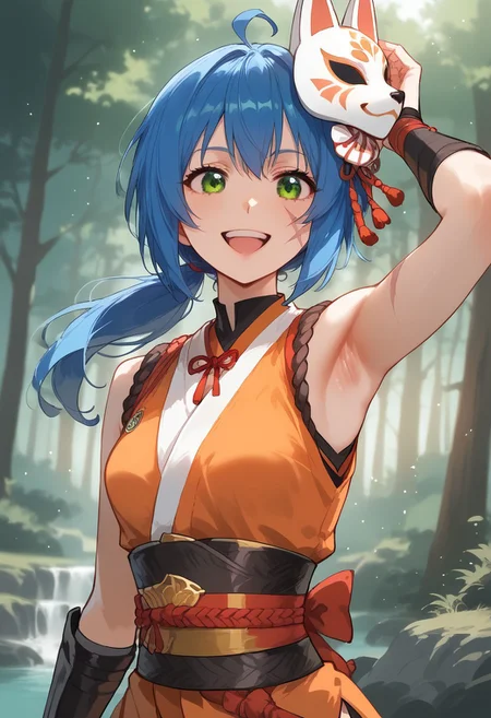 score_9, score_8_up, score_7_up, score_6_up, source_anime, masterpiece, detailed, detailed body, detailed face:1.3, sharp edges, sharp contonurs, volumetric lighting, vibrant colors. Face focus, light particles, godrays, portrait, warm light,   dynamic camera angle, pure smile, half body shot, excited pose, hand up, armpit
Floox style, Akane akitsu, low ponytail, blue hair, green eyes, one scar on the cheek, small breasts, Orange ninja costume, Fox mask on the side
Detailed background, forest background, threes, nature