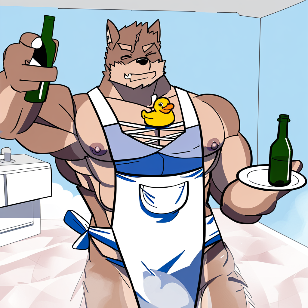yuujirou, solo, looking at viewer, selfie, bare pectorals, lifted by self, simple background, looking to the side, navel hair, scar on chest, dog ears, cross-laced clothes, 1boy, plate, male swimwear, cropped torso, rubber duck, nipples, bottle, arm up, pubic hair, abs, fang, cloud, sky, walking, male focus, bathtub, holding bottle, muscular, male masturbation, apron, on bed, one eye closed