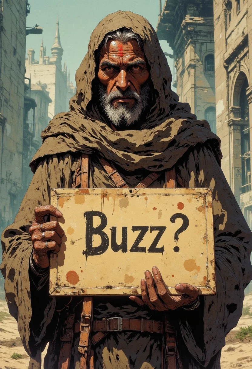 A poor beggar holding a sign that reads "Buzz?", CAICO