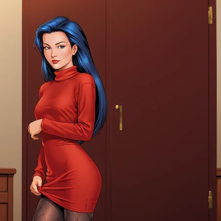 <lora:Shi_pony_v1:.75> Shi, 1girl, long hair,  retro artstyle, blue hair, 1990s (style), 1980s (style), cowboy shot,  <lora:0965 Home wear 12_v1_pony:1> ruanyi0965,red dress,short dress,black pantyhose,argyle legwear,turtleneck,dress lift,bottomless,long sleeves