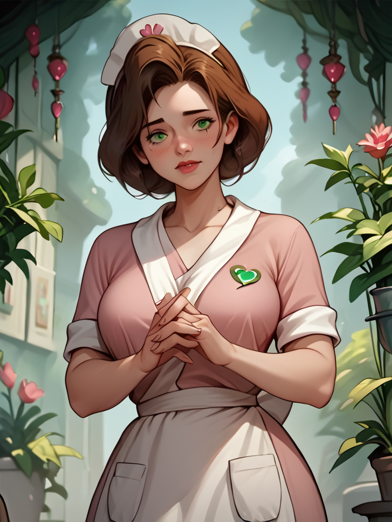 score_7_up, score_8_up, score_9, masterpiece, perfect face, perfect hands, high quality, source_anime,  <lora:Annie_Hughes:1> annieh, brown hair, green eyes, mature female, large breasts, pink uniform, apron,