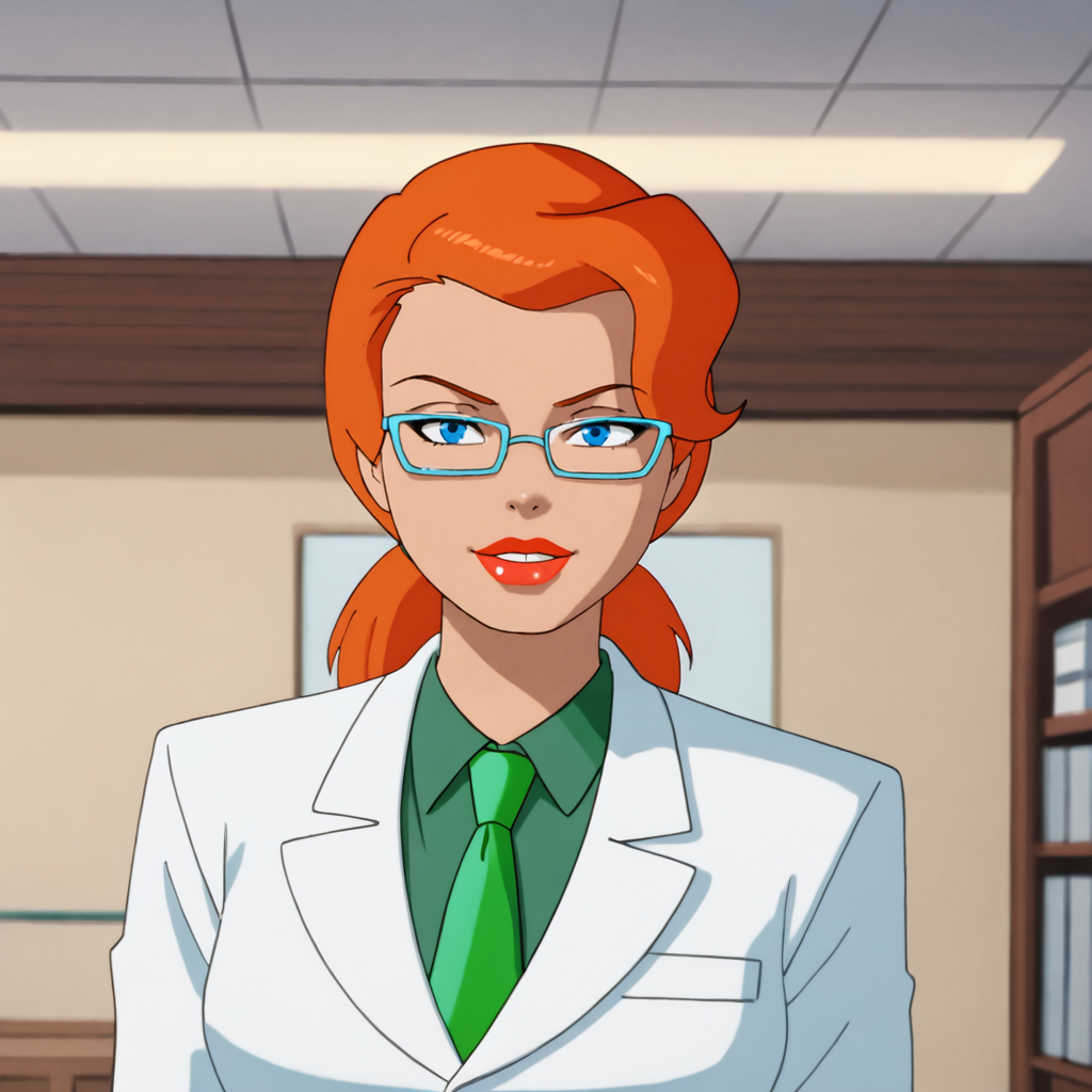 <lora:poisonivybtas_pony_v1:.8> PoisonIvyLab, 1girl, green necktie, blue eyes, labcoat, glasses, collared shirt, orange hair, makeup, lipstick, red lips, green shirt, ponytail, cowboy shot