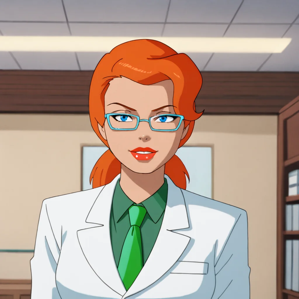 <lora:poisonivybtas_pony_v1:.8> PoisonIvyLab, 1girl, green necktie, blue eyes, labcoat, glasses, collared shirt, orange hair, makeup, lipstick, red lips, green shirt, ponytail, cowboy shot