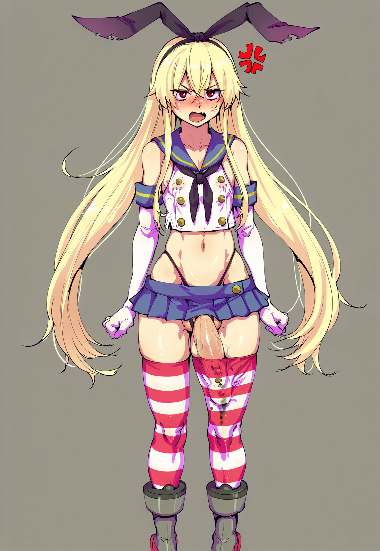 safe_pos, masterpiece, striped, (solo), 1boy, anger vein, penis in thighhigh, thighhighs, striped thighhighs, gloves, eyes visible through hair, Shimakaze_(KanColle), long hair, cosplay, testicles, otoko no ko, penis, elbow gloves, solo, skirt, blonde hair, panties, underwear, white gloves, highleg panties, crop top, red eyes, navel, grey background, blush, very long hair, highleg, crossdressing, black panties, hairband, microskirt, open mouth, sailor collar, veins, pierced nipples, boots, standing, blue skirt, pleated skirt