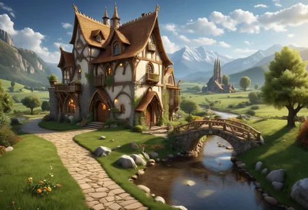 award winning, (professional photo) of (grand fantasy alchemist tower house) with elven arches, turreted roof with spires, Gold-Inlaid walls, arched windows with wooden shutters, arched wooden door with golden handle, animal carvings magical runes, wishing well stone pathway, located in a charming countryside, featuring rustic barns, fields of golden wheat, and a slow-moving river reflecting the tranquil beauty of nature, , creative, beautiful, vibrant, masterpiece, 64k, UHD, HDR, full view, atmospheric lighting, extremely detailed