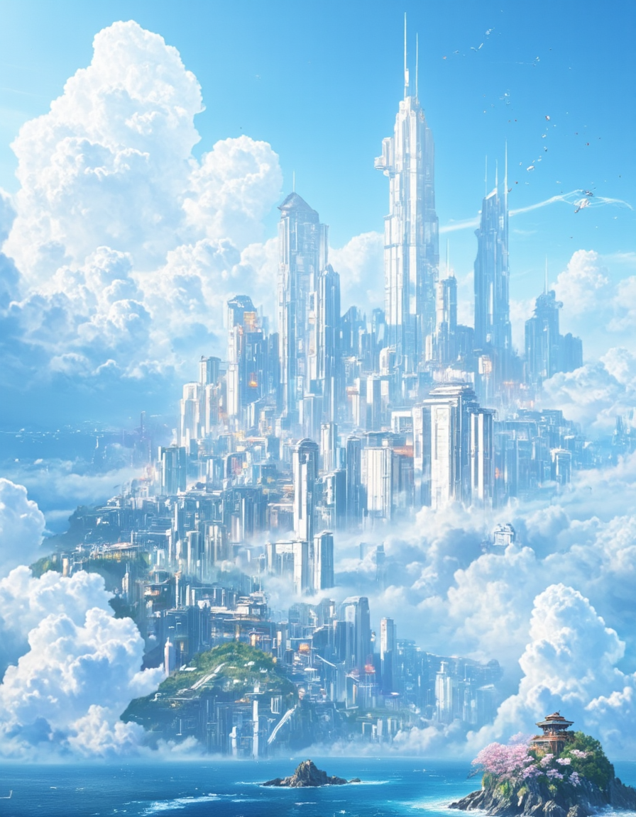 <lora:SW_Minis_3v2flux:1> A massive futuristic white cyberpunk city among clouds on a beutiful asian island, with temples and a blue sky with a few clouds. There are some cherry blossom and waves on the sea. swminis3all, anime, test3