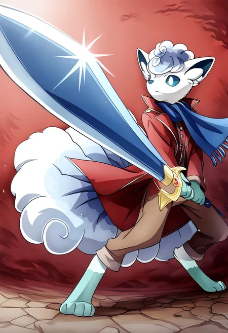 male Alolan Vulpix, anthro, long legs, brown pants, red coat, blue scarf, brave-perspective, holding sword, rapier