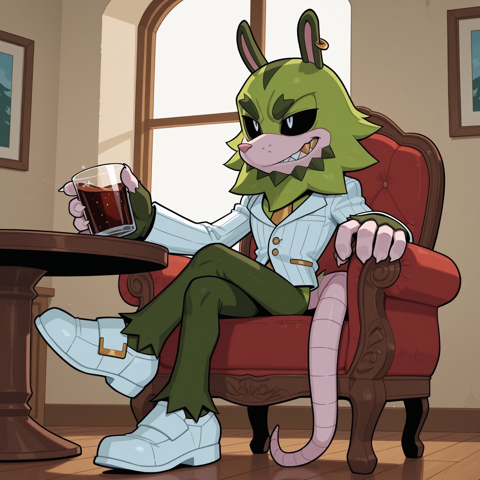2d, 1boy, solo, Clutch, male, furry, furry male, two tone fur, opposum, black sclera, animal ears, white pupils, green fur, dark green ears, golden earring, sharp teeth, gold tooth, pink nose, thick eyebrows, dark green eyebrows, green spiky beard, pale peach muzzle, pale peach fingers, clawed fingers, furless fingers, pale pink tail, dark green legs, white tuxedo jacket, gold necktie, gold buttons, gold pockets, gold cufflinks, white loafers with gold accents, bottomless, 

BREAK sitting on chair, looking out window, indoors, table, holding glass of cola, legs crossed

BREAK best quality, amazing quality, very aesthetic, absurdres, newest, masterpiece