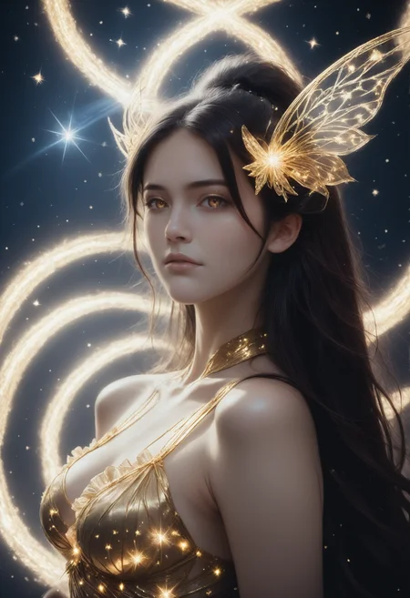 side view, close up, anime style, 2d,1woman in a golden ruffled dress, stardusted melt, starHC, Haute Couture fashion style, stardust hair accessoire, succuba, wings, stardusted lingerie <lora:starHC-000003:0.7>, seijSDXL <lora:SeijSDXL-000006:0.7>