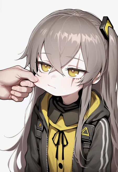 nikukyu,
ump45 \(girls' frontline\), 1girl, long hair, blush, simple background, shirt, brown hair, hair ornament, white background, ribbon, hair between eyes, closed mouth, jacket, upper body, yellow eyes, grey hair, solo focus, hood, black jacket, neck ribbon, black ribbon, one side up, scar, hooded jacket, scar on face, scar across eye, pinching, cheek pinching
, masterpiece, best quality, good quality,
<lora:ai_styles_collection_noob_vpred-1.0-v5:1>