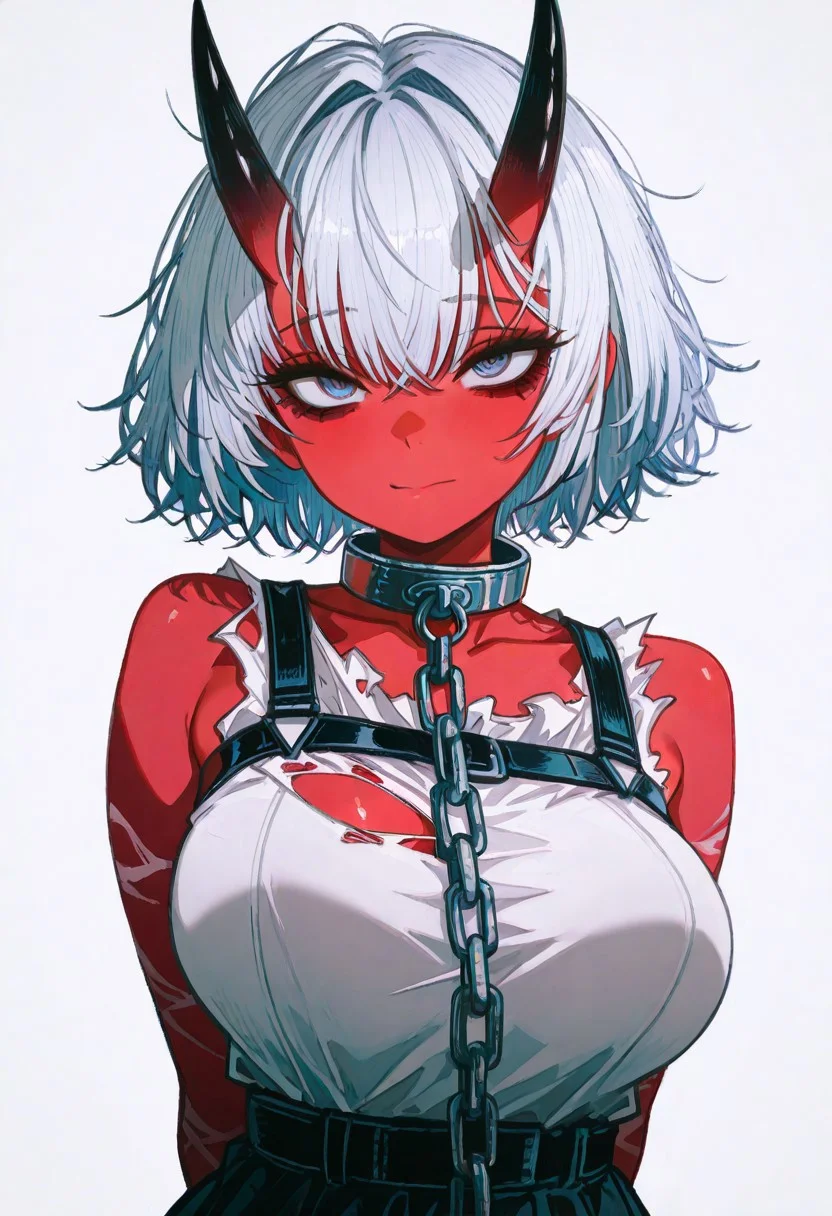 masterpiece, best quality, good quality, very awa, newest, highres, absurdres, uncensored,
Good quality, newest,1girl,
BREAK
detailed background, eyelashes, erotic, looking seductive, coy. dynamic action image, detailed face, detailed eyes, direct mesmerizing gaze,
BREAK
(sexy, slutty, hot, aroused),
Aka-Oni, oni, colored skin, red skin, smooth horns, black horns
BREAK
flirting:2.0, flower, (artist:John_kafka)
BREAK
chain, torn clothes, breasts, messy hair, collar, looking at viewer, dress, metal collar, arms behind back, short hair, closed mouth, torn dress, simple background, collarbone, sleeveless, bare shoulders, large breasts, bags under eyes,