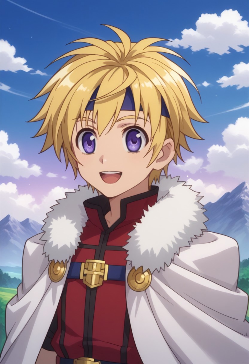 score_9, score_8_up, score_7_up, source_anime, highly detailed, 
izumicinque, 1boy, blonde hair, solo, male focus, ring, jewelry headband, blue headband,
sky, smile, open mouth, mountain, cloud, parody, purple eyes, red shirt, cape,
fur trim, upper body,