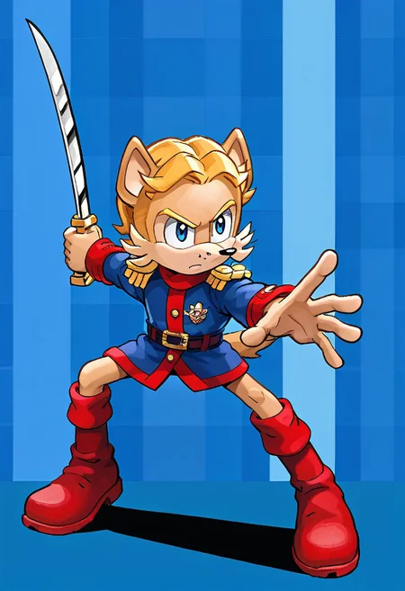 masterpiece, best quality, amazing quality, high detail, absurdres, Antoine D'Coolette, male, solo, holding saber weapon, sword, blue jacket, red boots, tail, blond hair, blue eyes, action pose, dynamic pose, (blue checkered background)