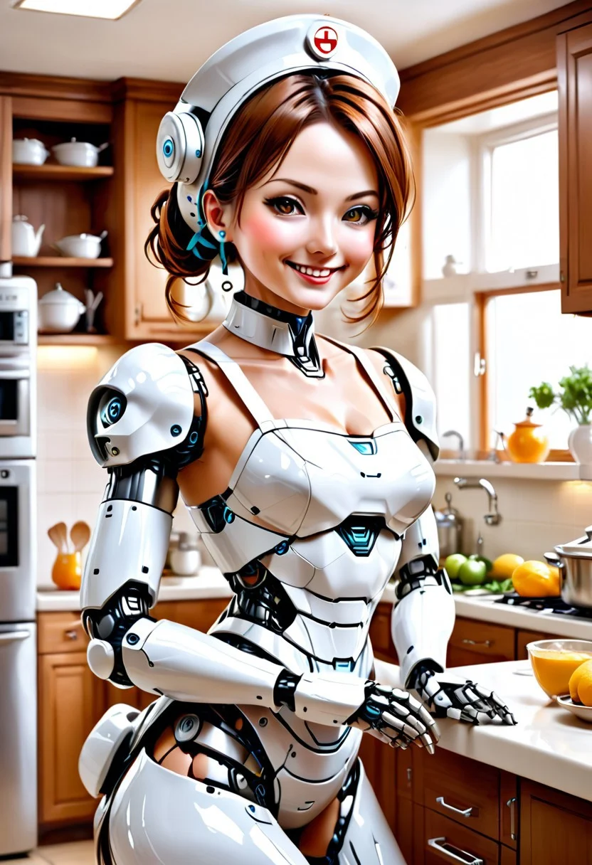 robot maid nurse cooking cleaning looking after the family, feminine, hybrid, (skin, torso, attractive, navel), lewd, pleasure bot, kitchen, looking at viewer, offering services, how about it, creepy robot smile