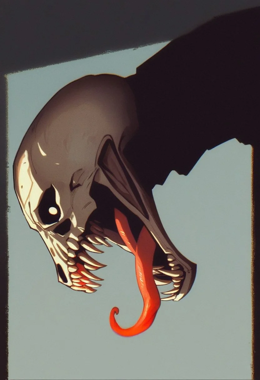 (7-Vectors) invncbl, artbook illustration, score_9, score_8_up, score_7_up, score_6_up, score_5_up, score_4_up, solo, animal skull head, screaming, long split tongue, fangs, head closeup, black leather coat, horror atmosphere, side view, vhs grain, dark lighting, gold reflections, CRT grain, white noise glitch