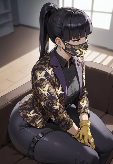 safe_pos, score_9, score_8_up, score_7_up,indoors,dim lighting,from above,from side,AzamiR6S,1girl,solo,sitting on sofa,leaning forward,looking away,beautiful face,beautiful eyes, brown eyes,half closed eyes,black hair, blunt bangs, ponytail, black eyeliner, single earring,(curvy:1), small breasts,huge thighs,wide hips,mouth mask, yellow gloves, purple jacket, print jacket, black collared shirt, harness, black belt, purple pants, thigh strap