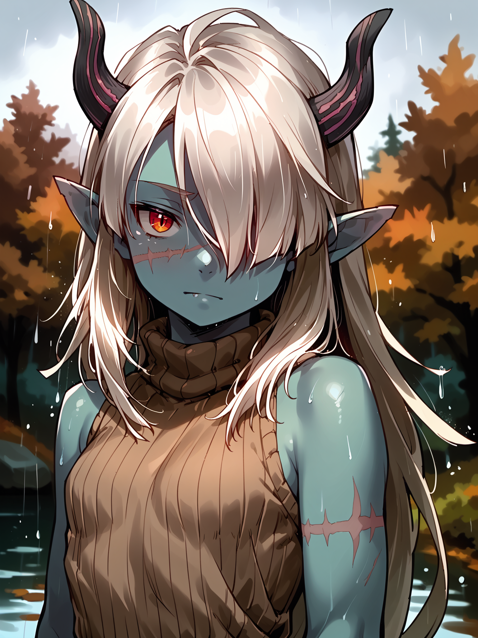 (upper body, solo:1.1) <lora:happy_tentacle-necromancer-v0.3-000037:1>, ht_necromancer, colored skin, horns, scar on leg, scar on stomach, scar on cheek, (petite:1.2), <lora:Shed_The_Skin's StS_age_slider_v1_initial_release:-1.1> ( :1.1) ( ( head tilt :0.8) , , ( :1.2) , , looking back :1.1) , outdoors, vegetation, (overgrown :1.1), autumn , (day :0.6), rain , (:0.5), , ( :0.8), sleeveless shirt, (turtleneck sweater:1.2) ( :0.8) score_9, score_8_up, score_7_up, score_6_up, score_5_up, score_4_up, ( [(realistic, photorealistic:1.3):(realistic:1.2):16] [(3d:1.2)::14] :1) <lora:LUUNA's Lunas-NijiJourney-SDXL-B2:0.35>, nijijourney <lora:prgfrg23's Counterfeit-V3.0 Style SDXL_LoRA_Pony Diffusion V6 XL:0.5> <lora:mfcg's mfcgXL:0.12> <lora:reweik's gyokai(himehajime)_PonyXL_style_v01:0.14>