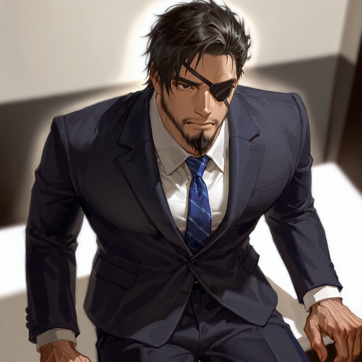 <lora:XiahouDun_-_Dynasty_Warriors:.9>,  XiahouDun, black hair, black eyes, full beard with goatee, mature muscle male, eyepatch on left eye, ((half swept back hair)), cowboy shot, from above, looking at the viewer, sitting, business suit, 
(very short hair, beard, bara, mature, facial hair, stubble, beard, full beard, sideburn, beard, a lot of beard, ), facial hair,male focus, muscular male, muscular male, bara, mature,  bara, mature, aixiwuganda_(20222192), very awa, masterpiece, best quality, absurdres, newest, perfect quality, detailed background, intricate details,
<lora:slider_Body Type_alpha1.0_rank4_noxattn_last:3><lora:style_Anime Summer Days 2 Style SDXL_LoRA_Pony Diffusion V6 XL:.6><lora:slider_cfg_scale_boost:.7><lora:face_Artist6p-10:.55>, Artist6p, Artist04p,<lora:slider_il_brightness_slider_d1:-1><lora:slider_il_contrast_slider_d1:-1><lora:slider_DarkSlider1.2_alpha1.0_rank16_full_300steps:-.6>