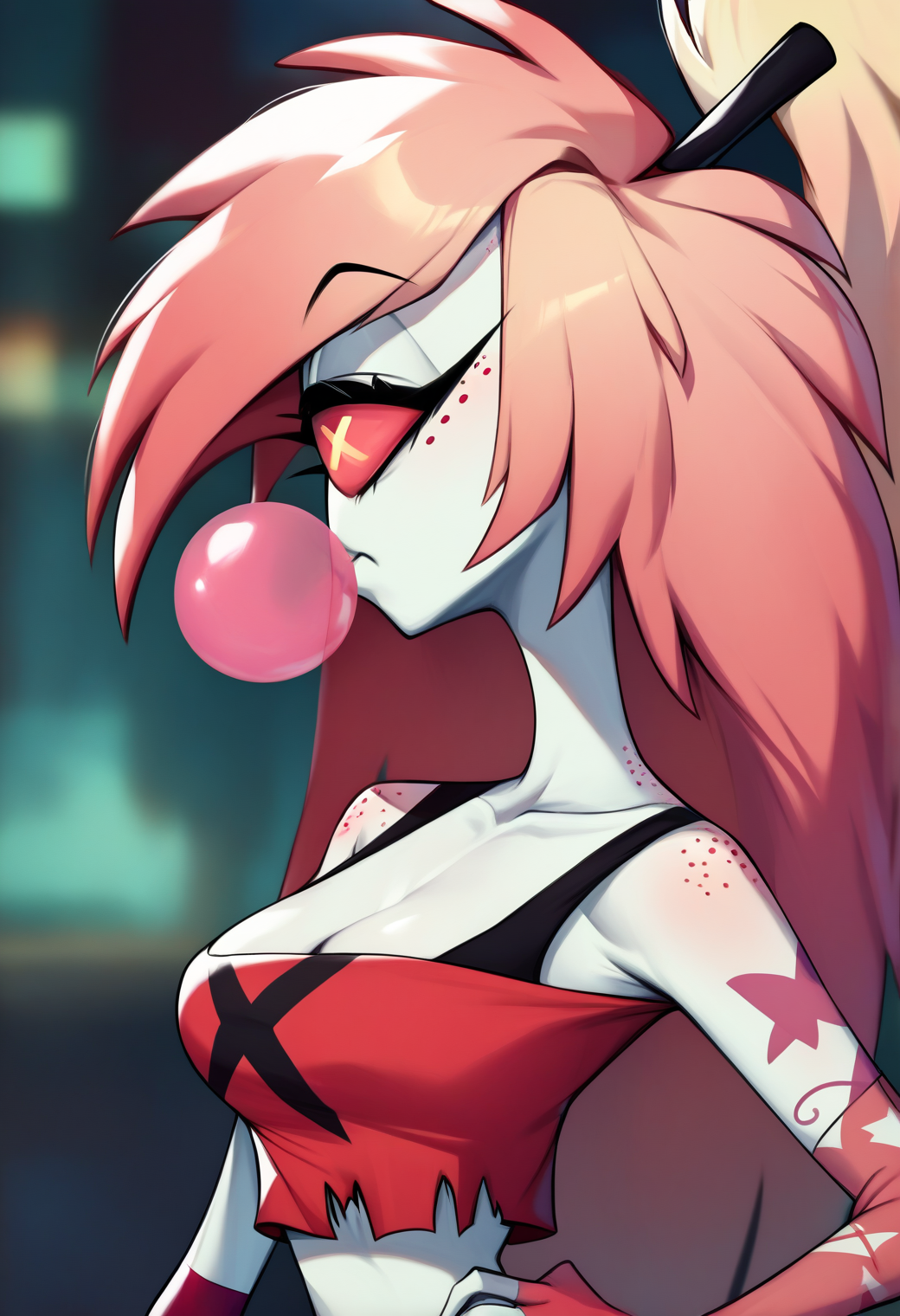 <lora:hazbin_hotel_ponyxl_v1:1>, cherri, cyclops, blurry background, upper body, from side, profile, solo, gum, blowing bubbles, hand on own hip, half-closed eye, pink top, cleavage, bare shoulders, pink gloves, black bra strap, closed mouth,
BREAK
score_9, score_8_up, score_7_up, score_6_up