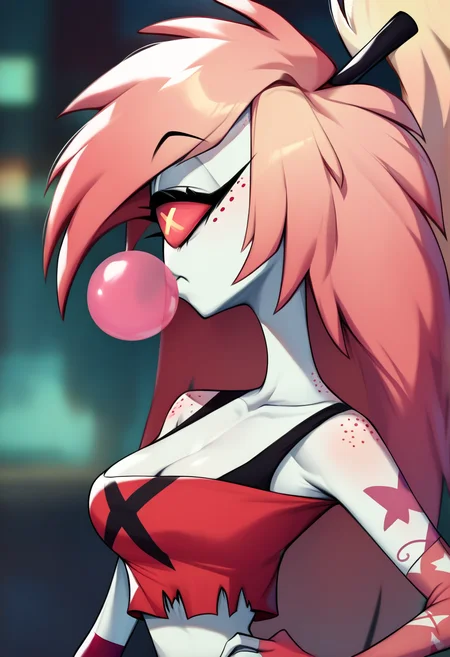 <lora:hazbin_hotel_ponyxl_v1:1>, cherri, cyclops, blurry background, upper body, from side, profile, solo, gum, blowing bubbles, hand on own hip, half-closed eye, pink top, cleavage, bare shoulders, pink gloves, black bra strap, closed mouth,
BREAK
score_9, score_8_up, score_7_up, score_6_up