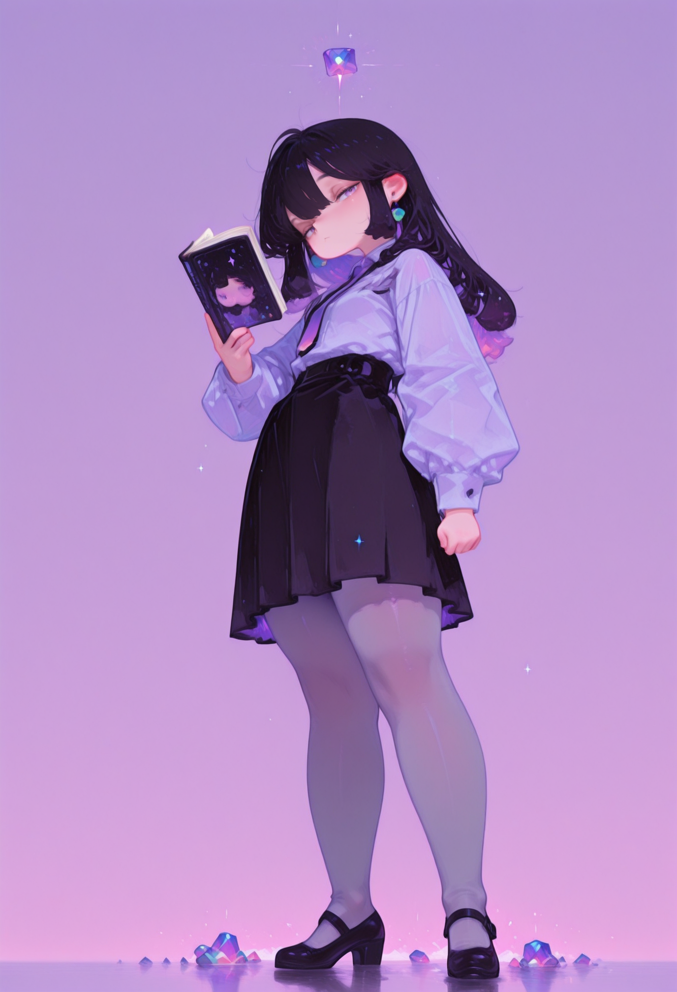 masterpiece, best quality, absurdres,
[[dynamic pose]] ,
face shot, face focus,
1girl, solo,
from side,
((from below)),
looking side, inner hair color, black hair , gradient hair,
long hair,
messed hair ,
pastel  purple  eyes,
half closed eyes ,
ultra detailed eyes, flat chest  , [[[abs]]],
(office outfit), medium skirt, translucent grey pantyhose, pumps
,
,
skindentation,  ((chubby thick legs), thick legs, chubby legs), thick calf, [[muscular legs]:0.66],
reading a book
,
(
simple background,
simple gradient   pastel  emerald  background
),
,
detailed eyes,
((nurzhan bekkaliyev)), small feet, perfect hands, fl4t, ma1ma1helmes_b_illu,sketch, ethereal brushstroke,
<lora:Nurzhan_Bekkaliyev:0.85>
<lora:fl4t:1.35>
<lora:NOOB_vp1_detailer_by_volnovik_v1:0.6>
<lora:ma1ma1helmes_b:0.5>
<lora:Illustrious:0.4>,
,