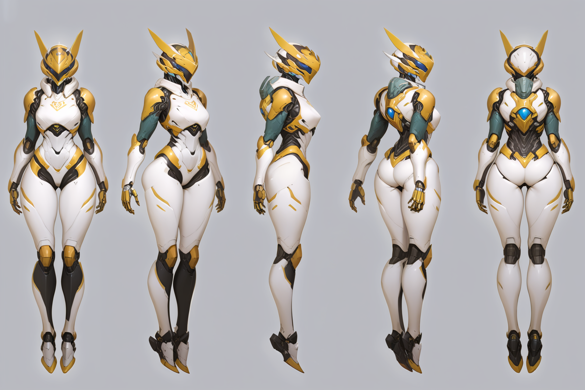 (GENERAL:0), mecha, robot, masterpiece, best quality, very aesthetic, absurdres, solo, standing,
(VIEWS:0),  full body character turnaround of mecha,
Multiple views of the same mecha,  (simple background, white background:1.2), multiple views, side view, back view, front view, 
sunglasses, goggles,
mask, helmet,
(Creature Ref:0), 
Spectacled bear\(animals\)
ï¼
(Mecha Ref:0), 
Bio Booster Armor Guyver,
plate armor, power suit, alien,
android, cybersuit, upper armor, mechanical arms, machinery, prosthesis,
(bodyshape:0), Hourglass figure body,
(clothing:0), (Blue and yellow floral print skort with white polo shirt and matching blue and yellow visor.:0.6), 
(white  
Gothic  theme character design:1.1),
 <lora:MechTurnXLRemix_v1:.5>
 <lora:MechTurnXL_v1:.5>
<lora:ClothTurnXLRemix_v1-000004:.25>
 <lora:ClothTurnXL_v1-000004:0.25> 
<lora:CharTurnXL_v2:0.25>
 <lora:xl_more_art-full_v1:.25>,
 <lora:Alphonse Mucha Style:.1>, Alphonse Mucha Style page
 <lora:å½é£æç»SDXL:.1> 
 <lora:mecha:.2><lora:EnvyMechaGirlXL01:.5> <lora:EnvyMechaGirlXL02:.38>