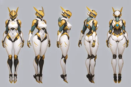 (GENERAL:0), mecha, robot, masterpiece, best quality, very aesthetic, absurdres, solo, standing,
(VIEWS:0), full body character turnaround of mecha,
Multiple views of the same mecha, (simple background, white background:1.2), multiple views, side view, back view, front view,
sunglasses, goggles,
mask, helmet,
(Creature Ref:0),
Spectacled bear\(animals\)
ï¼
(Mecha Ref:0),
Bio Booster Armor Guyver,
plate armor, power suit, alien,
android, cybersuit, upper armor, mechanical arms, machinery, prosthesis,
(bodyshape:0), Hourglass figure body,
(clothing:0), (Blue and yellow floral print skort with white polo shirt and matching blue and yellow visor.:0.6),
(white
Gothic theme character design:1.1),
<lora:MechTurnXLRemix_v1:.5>
<lora:MechTurnXL_v1:.5>
<lora:ClothTurnXLRemix_v1-000004:.25>
<lora:ClothTurnXL_v1-000004:0.25>
<lora:CharTurnXL_v2:0.25>
<lora:xl_more_art-full_v1:.25>,
<lora:Alphonse Mucha Style:.1>, Alphonse Mucha Style page
<lora:å½é£æç»SDXL:.1>
<lora:mecha:.2><lora:EnvyMechaGirlXL01:.5> <lora:EnvyMechaGirlXL02:.38>