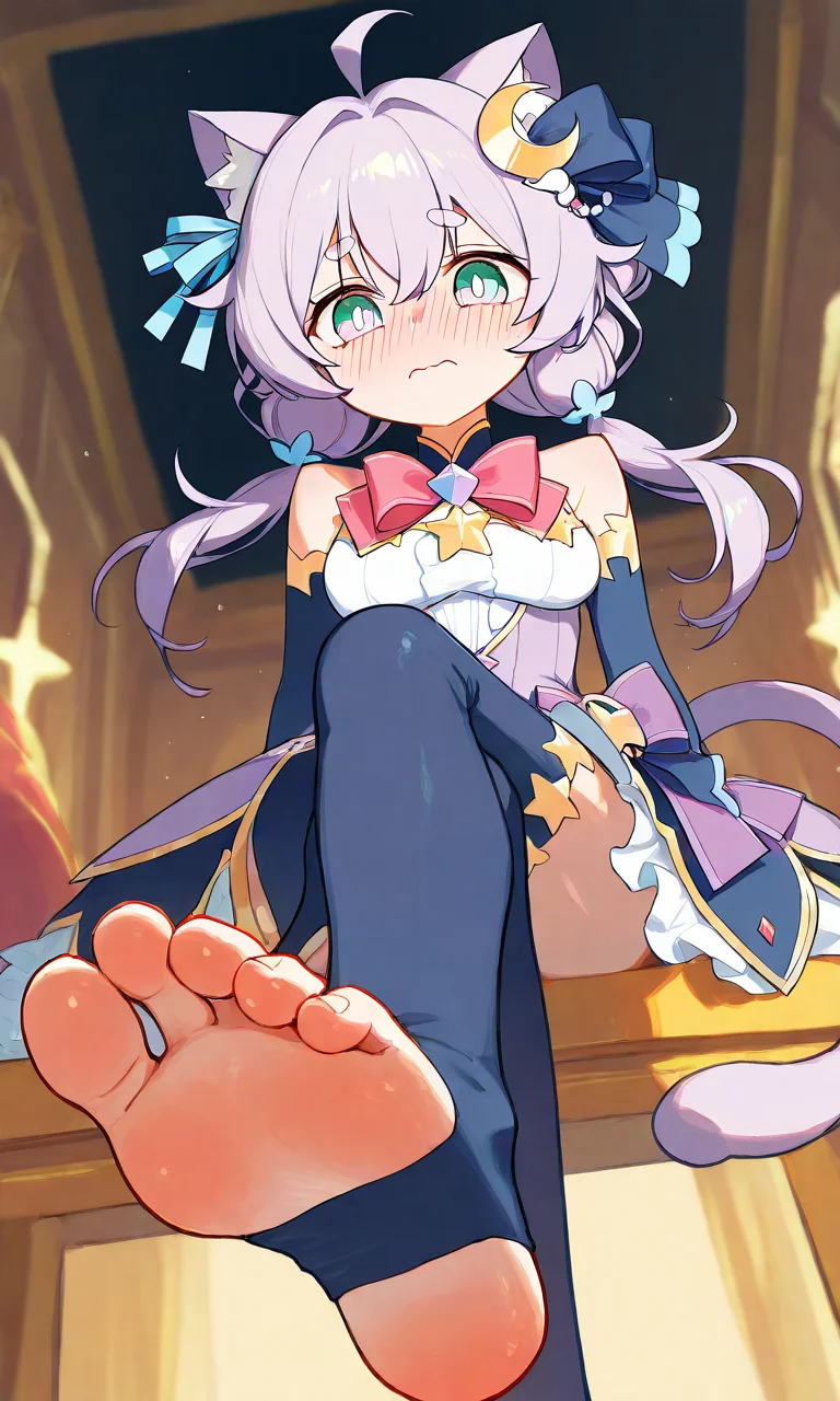 score_9, score_8_up, score_7_up, source_anime, wallpaper, BREAK,
(1girl:1.2), solo, <lora:PrismSaltIllustTest0.0.2 EA 4LR16EP:1>, salt\(maimai\), thick eyebrows, ahoge, hair between eyes, embarrassed, blush, nose blush, full-face blush,
cat ears, cat tail, animal ear fluff, green eyes, (grey purple hair:1.1), hair ornament, medium breasts, star ribbon,star \(symbol\), star decorations,
crescent hair ornament, blue elbow gloves,<lora:HandFixer_pdxl_Incrs_v1:0.6>,
looking at viewer, bright pupils, from below, looking down, full body,
indoors, cowboy shot, straight-on, sitting, crossed legs, foot focus, soles, blue stirrup legwear, arm support,
masterpiece, best quality, extremely detailed,
<lora:feet v3:0.6>,<lora:delicate:1>,