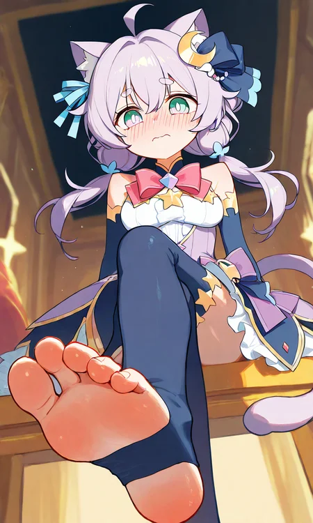 score_9, score_8_up, score_7_up, source_anime, wallpaper, BREAK,
(1girl:1.2), solo, <lora:PrismSaltIllustTest0.0.2 EA 4LR16EP:1>, salt\(maimai\), thick eyebrows, ahoge, hair between eyes, embarrassed, blush, nose blush, full-face blush,
cat ears, cat tail, animal ear fluff, green eyes, (grey purple hair:1.1), hair ornament, medium breasts, star ribbon,star \(symbol\), star decorations,
crescent hair ornament, blue elbow gloves,<lora:HandFixer_pdxl_Incrs_v1:0.6>,
looking at viewer, bright pupils, from below, looking down, full body,
indoors, cowboy shot, straight-on, sitting, crossed legs, foot focus, soles, blue stirrup legwear, arm support,
masterpiece, best quality, extremely detailed,
<lora:feet v3:0.6>,<lora:delicate:1>,