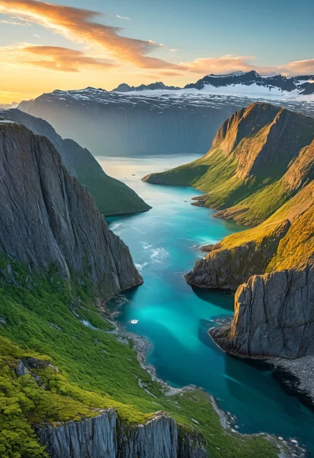 Aerial view of a rugged coastal fjord, carved by ancient glaciers, bathed in the ethereal glow of a midnight sun. Sheer cliff faces of weathered granite rise dramatically from deep, sapphire waters, their surfaces etched with intricate patterns of erosion and adorned with cascading waterfalls. Lush pockets of resilient vegetation cling to rocky outcrops, creating a stark contrast of vibrant greens against the cool greys and blues. The water's surface reflects the warm golden light, creating a mesmerizing interplay of light and shadow across the landscape. In the distance, snow-capped peaks pierce through a layer of wispy clouds, their jagged silhouettes outlined against the pastel sky. 8k resolution, hyper-detailed, cinematic lighting, golden hour, ultra-wide angle lens.